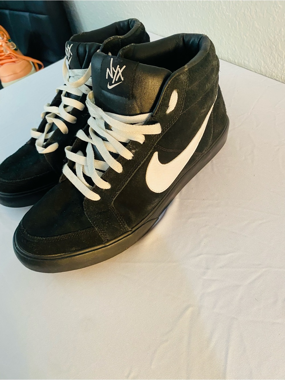 NYX Black Suede High-Top Sneakers with White Swoosh and Laces